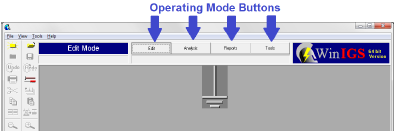 Σύνταξης (Edit Mode) Ανάλυσης (Analysis Mode) Αναφορών (Reports Mode) Εργαλείων (Tools Mode) Ο χρήστης μπορεί να διαλέγει την επιθυμητή λειτουργία ανά πάσα στιγμή κάνοντας κλικ στο αντίστοιχο κουμπί,