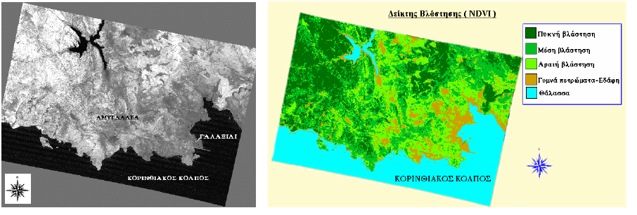 Εικόνα 5.6 Εικόνα του δείκτη βλάστησης μιας περιοχής στην Κεντρική Στερεά Ελλάδα, πριν και μετά την εφαρμογή της τεμαχιοποίησης της πυκνότητας (density slicing).