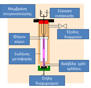 Η εισαγωγή του δείγματος γίνεται με μικροσύριγγα μέσω ενός διαφράγματος (septum) στον εισαγωγέα, ο οποίος βρίσκεται σε αρκετά υψηλή θερμοκρασία, ώστε να εξασφαλίζεται η εξάτμιση όλων των συστατικών