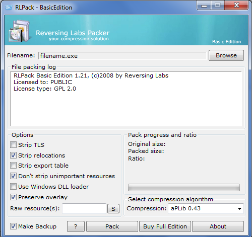 4.2.13 RLPack Ένας ακόμα packer ο οποίος συμπιέζει εκτελέσιμα και παρέχει και κάποιες περιορισμένες επιλογές προστασίας.