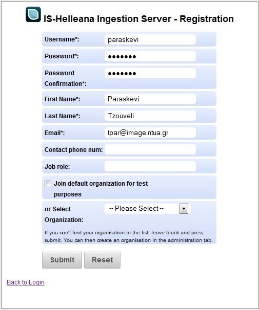 Εικόνα 2: Φόρμα (ιδίας) εγγραφής χρήστη Μέσω αυτής της φόρμας μπορούν να πραγματοποιηθούν τα εξής: Σύνδεση με τον φορέα ΕΜΠ για δοκιμαστικούς λόγους (Join the default organization for test purposes)