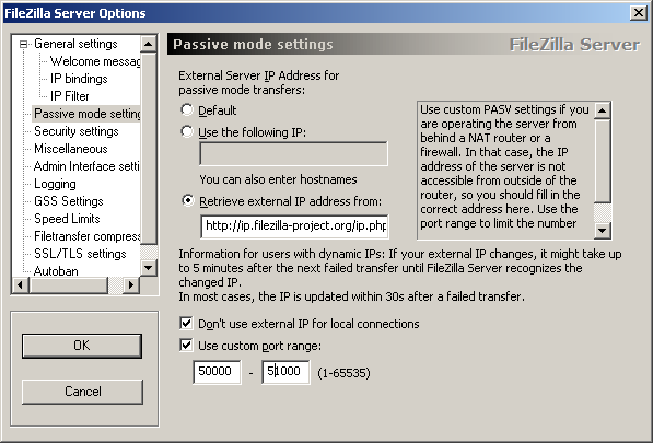 4.3. Active mode Για να επιτρέψετε συνδέσεις σε Active Mode aπλώς σιγουρέψτε ότι στον FileZilla Server επιτρέπεται να εγκαθιδρύει εξερχόμενες συνδέσεις σε τυχαίες θύρες, αφού ο πελάτης καθορίζει τη