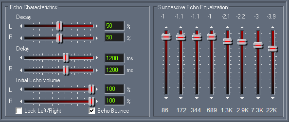 Ďalším parametrom nastavenia echo efektu je sila odrazeného signálu, ktorá sa označuje ako decay (z angl. doznievanie, útlm).