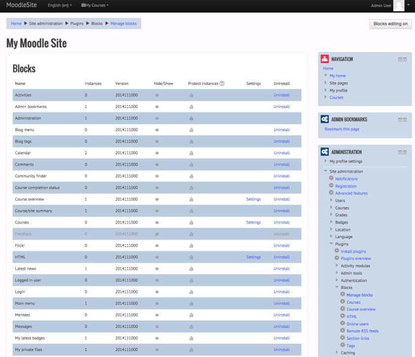 Εικόνα 6.25. Εμφάνιση blocks Στην παραπάνω εικόνα φαίνονται τα διαθέσιμα blocks μιας εγκατάσασης του Moodle. Στη στήλη Hide/Show φαίνεται ποια από αυτά είναι ορατά και ποια είναι αόρατα.