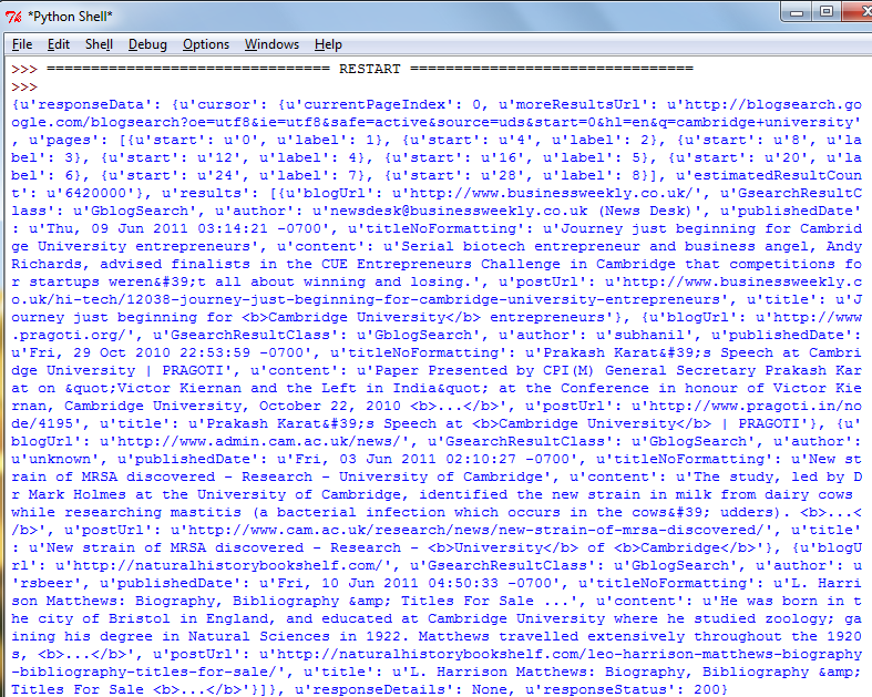 Εικόνα 56: Αποτελέσματα εκτέλεση κώδικα των Google Blogs στην Python 6.2.