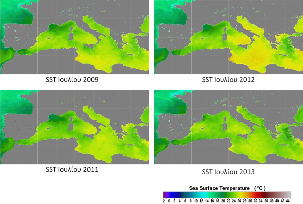 του Ιουλίου για τα έτη 2009, 2011, 2012 και 2013 [Πηγή: http://oceancolor.gsfc.nasa.gov].