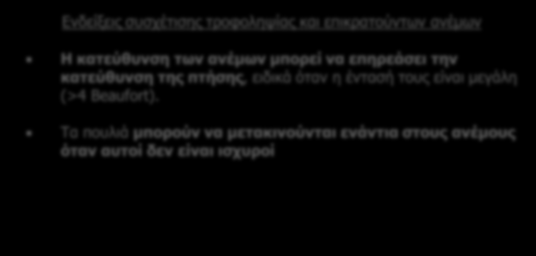 Η ένταση των επικρατούντων επιφανειακών ανέμων και η κατεύθυνσή τους, καθώς και η κατεύθυνση-προσανατολισμός της καταγεγραμμένης πορείας των ατόμων του Αρτέμη σε σχέση με τη θέση της αποικίας των