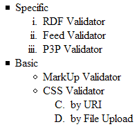 Validator</li></ol> </li> <li>basic <ul type="circle"> <li>markup Validator</li>