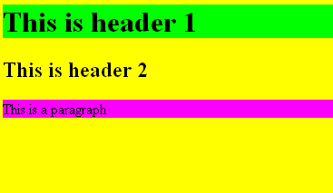<html> <head> <style type="text/css"> body {background-color: yellow} h1 {background-color: #00ff00} h2 {background-color: transparent} p