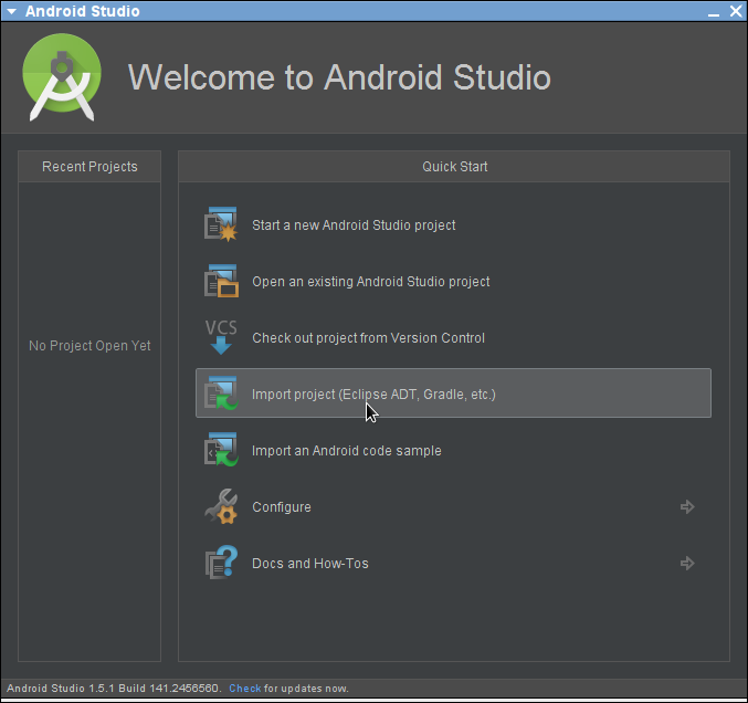 Αφού δημιουργηθεί το project, πρέπει να γίνει import στο android studio. Η ενέργεια αυτή απαιτεί την επιλογή import project (Eclipse ADT,Gradle, etc.).