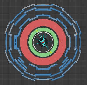 Οι τροχιές των ηλεκτρονίων απεικονίζονται σαν μικρές γραμμές στο κέντρο του ανιχνευτή αφού τα ηλεκτρόνια σταματούν στο Η/Μ θερμιδόμετρο (πράσινη περιοχή) και αφήνουν εκεί την ενέργεια τους (κίτρινα
