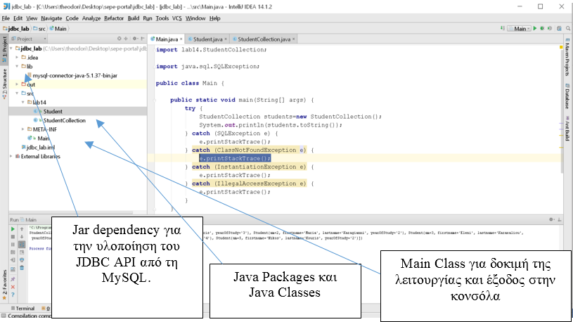 Εικόνα 14.1: Στιγμιότυπο από το περιβάλλον ανάπτυξης. import lab14.studentcollection; import java.sql.