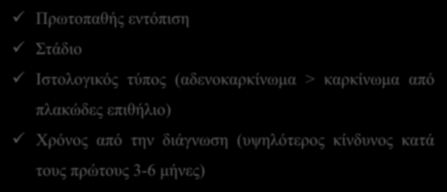 Παράγοντες κινδύνου που σχετίζονται με την νόσο Πρωτοπαθής εντόπιση Στάδιο Ιστολογικός τύπος (αδενοκαρκίνωμα