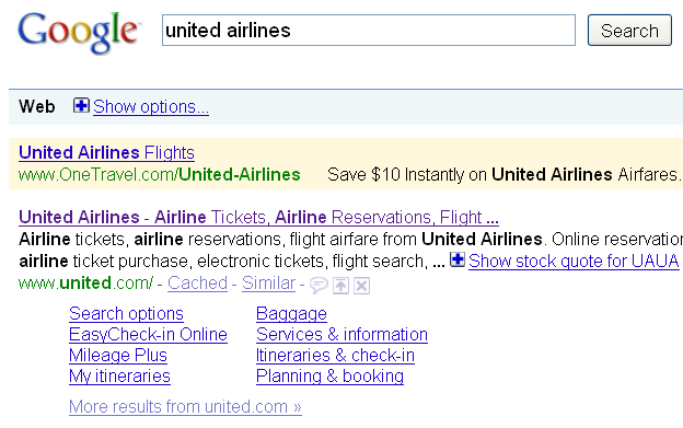 Quicklinks Για navigational query όπως united airlines οι χρήστες πιθανόν να