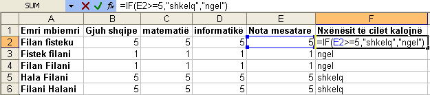 Sqarim: Në këtë rastë E2>=40 tregon se të gjithë nxënësit të cilët kanë 40 e më tepër poena kalojnë kurse ata të cilët kanë poena më pak se 40 nuk mund të kalojnë. Figura 1.