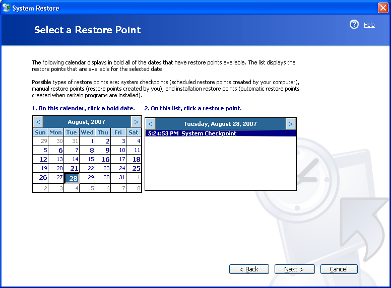 6. Restore my computer to an early time 7. Next 8.