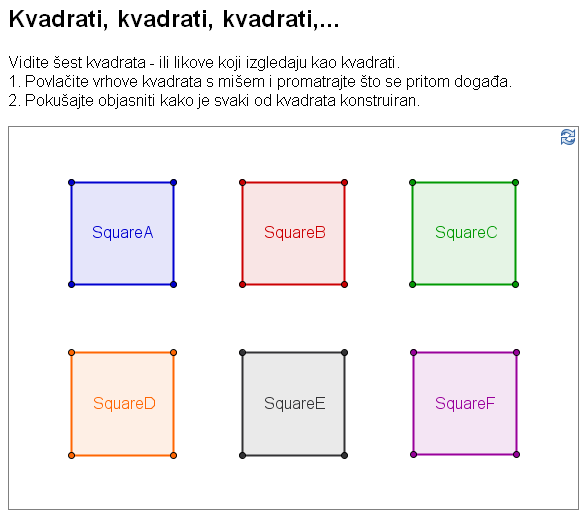 Vježba 5: Crteži, konstrukcije i testiranje povlačenjem Otvorite web-stranicu s apletom A05_Crtanje_Konstrukcija_Kvadrata.html. Aplet prikazuje nekoliko kvadrata konstruiranih na različite načine.