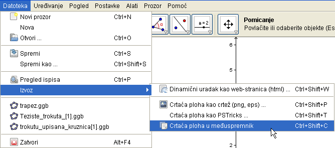 Izvoz slike u međuspremnik GeoGebra može izvesti cijelu crtaću plohu u međuspremnik.