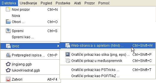 možete držeći lijevu tipku miša označiti sivi pravokutnik nad područjem u grafičkom prikazu koje želite prenijeti u aplet. Ako ne želite uključiti algebarski prikaz, trebate ga sakriti prije izvoza.