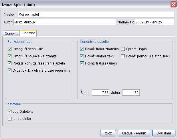 Vježba 18b: Još o web-stranici s apletom Dijaloški se okvir Izvoz: Aplet (html) sastoji od dvije kartice: Osnovno i Dodatno.