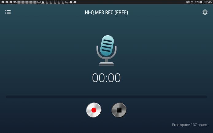 Ηχογραφώντας σε εφαρμογή Android Hi-Q MP3 REC (Free) App Ανοίξτε την εφαρμογή. Για να ξεκινήσετε την εγγραφή, πατήστε το μεγάλο κόκκινο κουμπί στο μέσο αριστερά του κάτω μέρους της οθόνης.