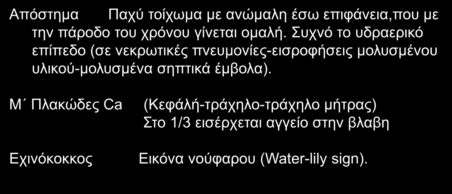 Απόστημα Παχύ τοίχωμα με ανώμαλη έσω επιφάνεια,που με την πάροδο του χρόνου γίνεται ομαλή.