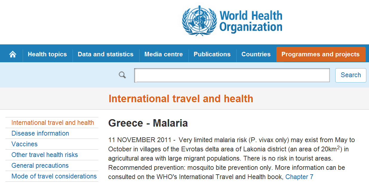 WHO 2012 Greece/malaria recommended