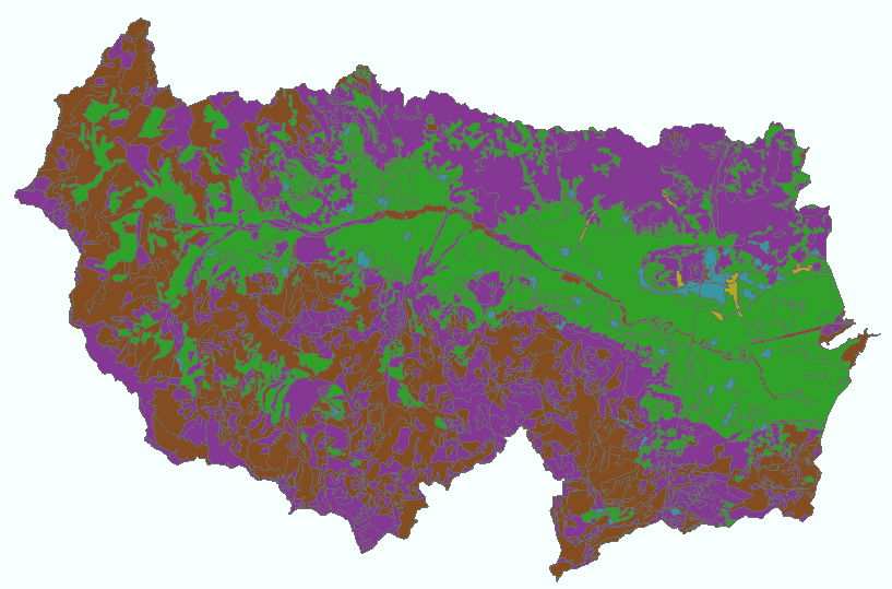 2. Λιβάδια 3. Δάση 4. Αστικές περιοχές 5. Δρόμοι Η ανάντη λεκάνη του Σπερχειού καλύπτεται κυρίως από καλλιεργήσιμες εκτάσεις αλλά και δάση και λιβάδια.