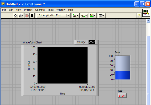 Στη συνεχεία επιλέγουμε στο Front Panel : View>Control Palette> Modern>Graph> >Waveform Chart ώστε να τοποθετήσουμε μια γραφική παράσταση τύπου παλμογράφου για την παρακολούθηση της μέτρησης ως