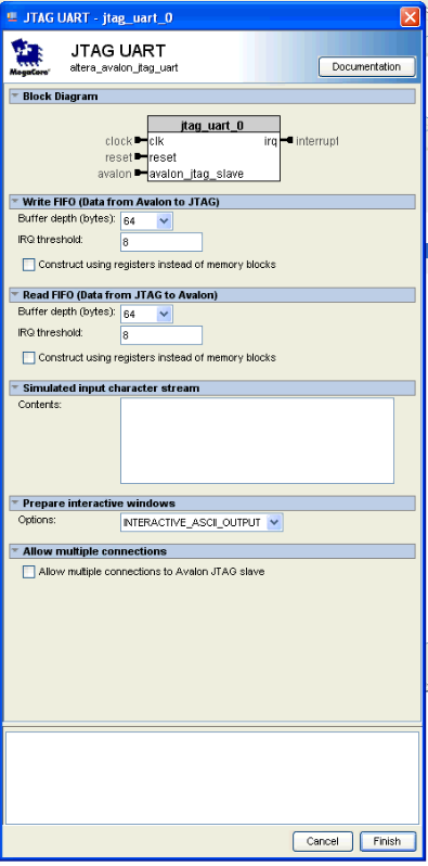 Εικόνα 7. SDRAM Controller Editor 4. Για να μπορούμε να συνδέουμε την πλακέτα με τον Η/Υ προσθέτουμε την διεπαφή JTAG UART.