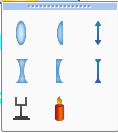 šošovka Symbol divergencie šošovky Optický držiak Sviečka Kliknutím na toto tlačidlo vložíte symbol divergencie šošovky. Kliknutím na toto tlačidlo vložíte obrázok optického držiaka.