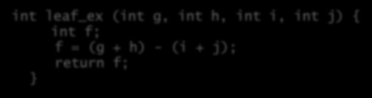 Διαδικασίες-φύλλα κώδικας MIPS: leaf_ex: addi $sp, $sp, -4 sw $s0, 0($sp) add $t0, $a0, $a1 add $t1, $a2, $a3 sub $s0, $t0, $t1 move $v0, $s0 lw $s0, 0($sp) addi $sp, $sp,