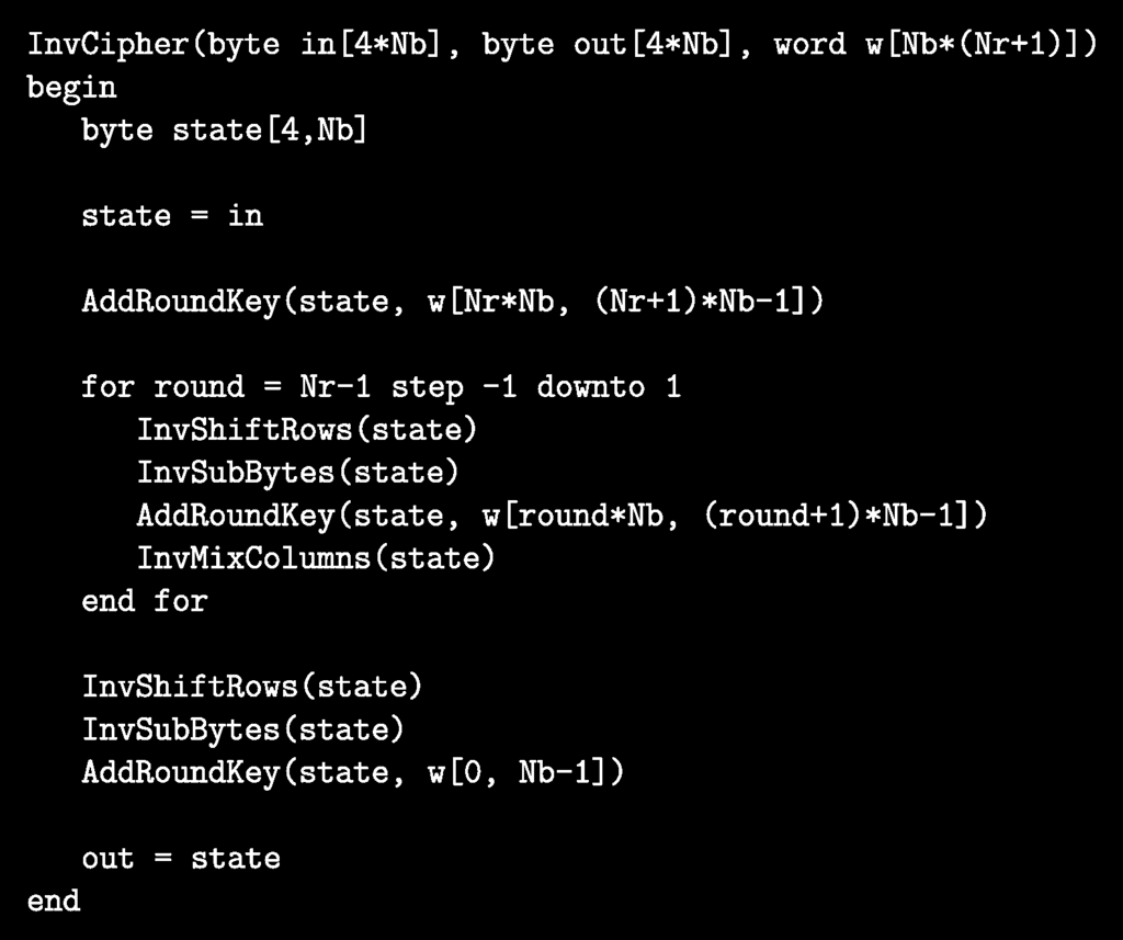 5.4. ADVANCED ENCRYPTION STANDARD (AES) 149 Σχήμα 5.19: Ψευδοκώδικας για την αποκρυπτογράφηση.