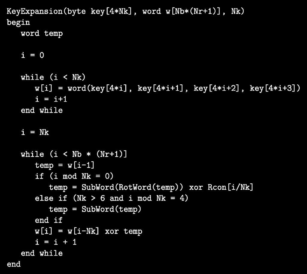 5.4. ADVANCED ENCRYPTION STANDARD (AES) 155 Σχήμα 5.24: Ψευδοκώδικας για την επέκταση κλειδιού.