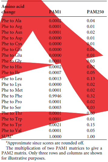 Log odds PAMn matrices Πιθανότητα μετάλλαξης σύμφωνα με PAM250 Phe Tyr = 0.15. Διαιρώ με συχνότητα εμφάνισης Phe: 0.15 / 0.040 = 3.75. Υπολογίζω λογάριθμο με βάση το 10: log 10 3.75 = 0.57.