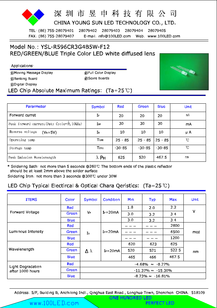 Datasheet YSL-R596CR4G3B5W-F12 (Triple