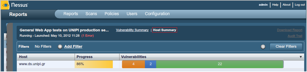 Εικόνα 67: Προβολή ευπαθειών με βάση το Host name Η ταξινόμηση με βάση τους στόχους πραγματοποιείται πολύ εύκολα μέσω της επιλογής Host Summary.