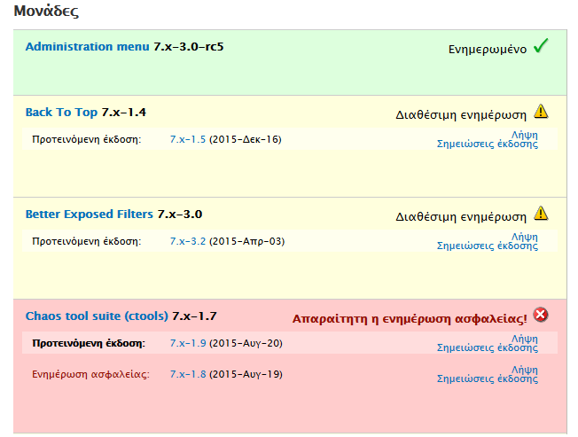 Update Manager (πρόσθετο πυρήνα) Το πρόσθετο «Update Manager» ελέγχει τακτικά για νέες εκδόσεις του λογισμικού του ιστοτόπου (περιλαμβανομένου του πυρήνα, των συνεισφερόμενων πρόσθετων και των