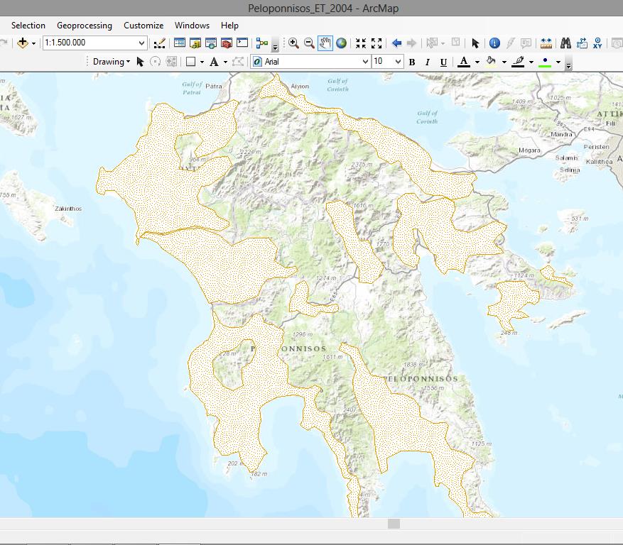 ΚΕΦΑΛΑΙΟ 4 ΥΠΟΛΟΓΙΣΜΟΣ ΥΔΑΤΙΚΟΥ ΑΠΟΤΥΠΩΜΑΤΟΣ ΚΑΛΛΙΕΡΓΕΙΩΝ ΠΕΛΟΠΟΝΝΗΣΟΥ 4.4.1 Οριοθέτηση καλλιεργήσιμων εκτάσεων Η οριοθέτηση των καλλιεργήσιμων εκτάσεων θα γίνει στο περιβάλλον του ArcMap.