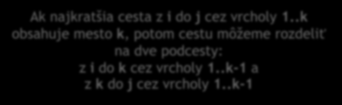 Charakterizácia problému d[i, j, k] = min{d[i, j, k-1], d[i, k, k-1] + d[k, j, k-1]} Dĺžka najkratšej cesty z i do j pri ktorej máme dovolené navštíviť len vrcholy 1..k. Máme dve možnosti: táto cesta alebo obsahuje alebo neobsahuje vrchol k Dĺžka najkratšej cesty z i do j pri ktorej máme dovolené navštíviť len vrcholy 1.