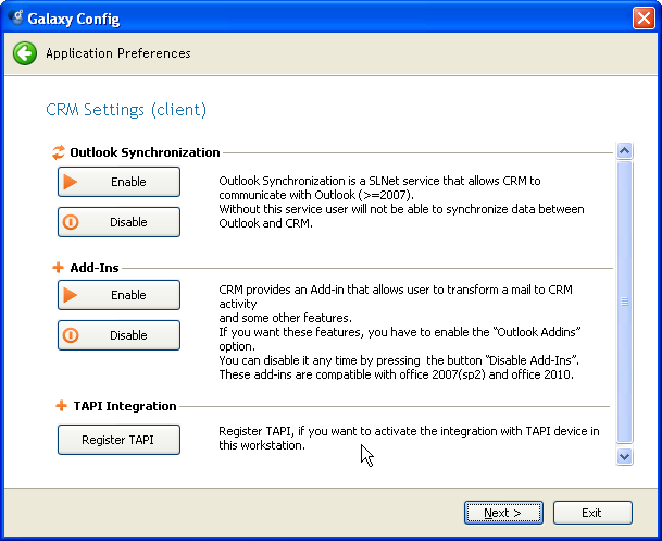 CRM Settings (Client) ÁõôÞ ç ïèüíç áöïñü óôéò ñõèìßóåéò ôïõ óôáèìïý åñãáóßáò ó åôéêü ìå ôçí åðéêïéíùíßá ôïõ CRM ìå Outlook êáé TAPI.