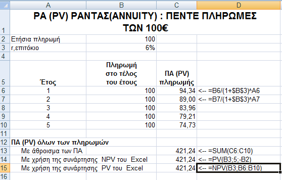 Παρούσα Αξία (PV) πολλαπλών μελλοντικών πληρωμών 5 μελλοντικές πληρωμές από