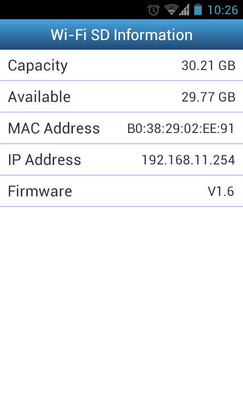 Πληροφορίες Wi-Fi SD Οι πληροφορίες Wi-Fi SD εµφανίζουν τη MAC Address και την έκδοση Firmware της κάρτας Wi-Fi SD.