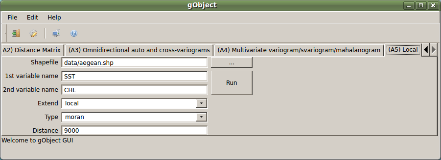 Λογισμικό gobject GUI a1: General shapefile info a2: Distance computations a3: Omnidirectional auto/cross