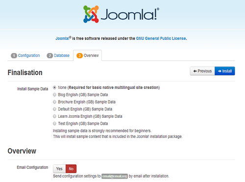 Εικόνα 15: Εγκατάσταση του Joomla (2) Στην καρτέλα configuration επιλέγει αν επιθυμεί την