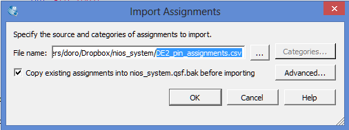 Αντιςτοίχιςθ ακροδεκτϊν Εικόνα 20 Quartus II: Import Assignments Αρχικά κα πρζπει να ορίςουμε ςε ποιουσ πραγματικοφσ ακροδζκτεσ αντιςτοιχοφν τα ςιματα που κα χρθςιμοποιιςουμε.