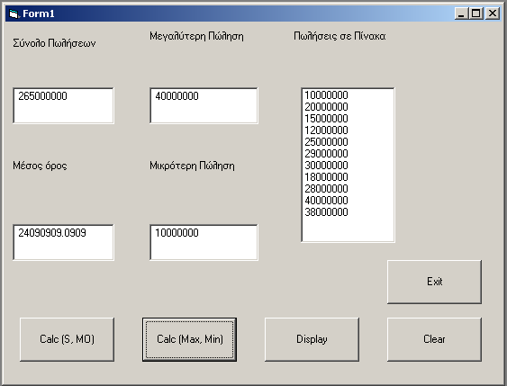 Option Explicit Dim sales(11) As Currency Dim Num As Integer Private Sub Command1_Click() Dim Sum As Currency Dim i As Integer Dim MO As Currency Sum = 0 For i = 0 To Num - 1 Sum = Sum + sales(i)