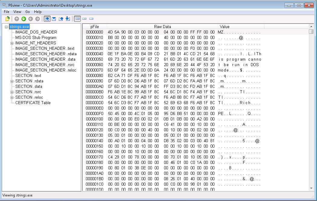 Εικόνα 9.11 Εκτέλεση εργαλείου PEview Εναλλακτικά, μπορείτε να προμηθευτείτε το αρχείο test001.exe, κατεβάζοντάς το από τη διεύθυνση https://www.hex-rays.