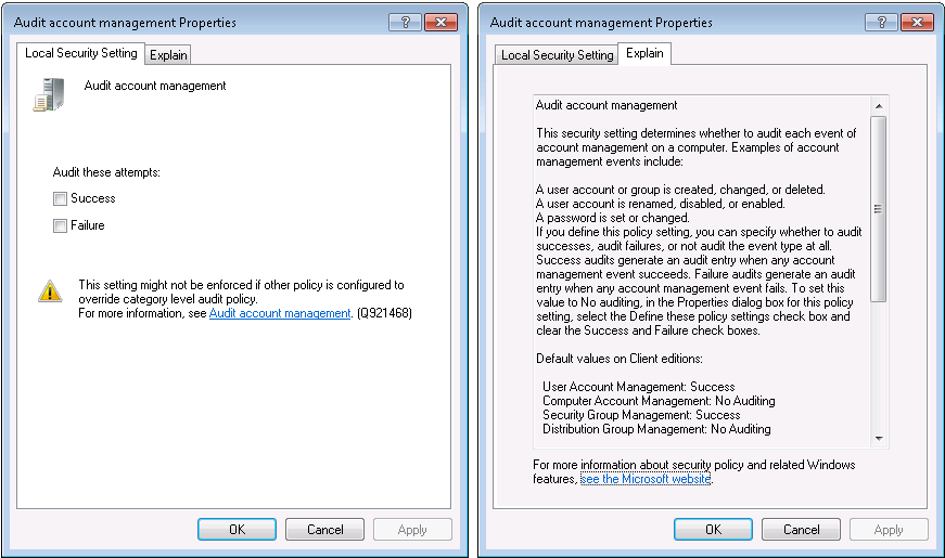 Εκτελώντας διαδοχικά: Control Panel System and Security Administrative Tools Local Security Policy Στη λίστα που εμφανίζεται στο αριστερό τμήμα, επιλέγουμε Audit Policy.