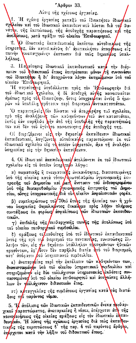 εκπαιδευτικοί, λογίζονται αυτοδικαίως παραιτούμενοι εκ του ιδιωτικού σχολείου εις το οποίον υπηρετούν, μόλις αναλάβουν υπηρεσία στη δημόσια εκπαίδευση. 4.